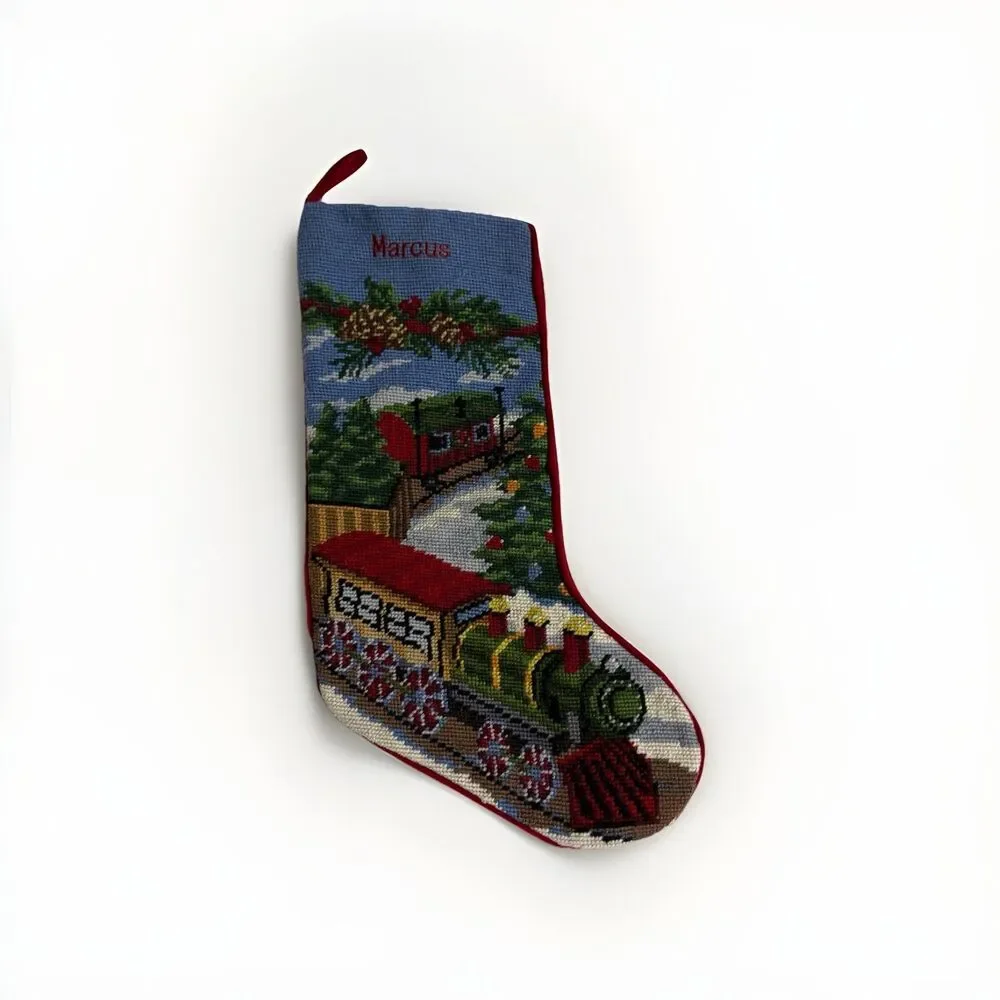 LL BEAN Needlepoint Christmas Stocking Train 100% Wool Front Marcus Holiday